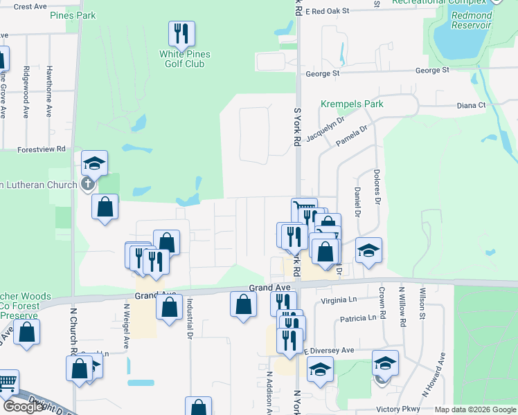 map of restaurants, bars, coffee shops, grocery stores, and more near 109 West Belmont Avenue in Bensenville