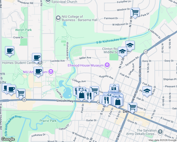 map of restaurants, bars, coffee shops, grocery stores, and more near 258 Rolfe Road in DeKalb