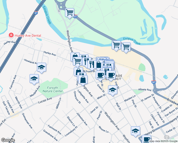 map of restaurants, bars, coffee shops, grocery stores, and more near North Front Street in Kingston