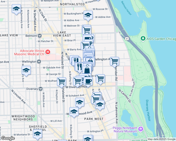 map of restaurants, bars, coffee shops, grocery stores, and more near 602 West Surf Street in Chicago