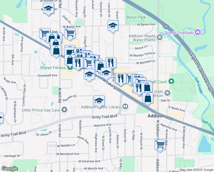 map of restaurants, bars, coffee shops, grocery stores, and more near 303 West Lake Street in Addison