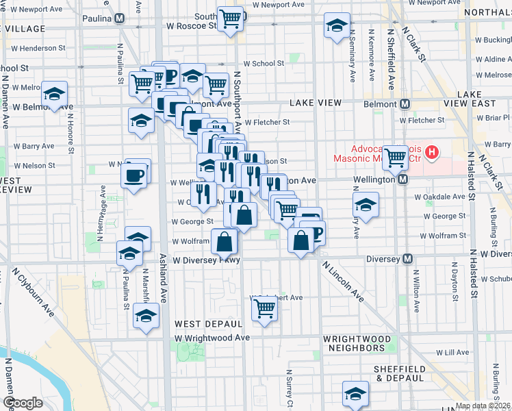 map of restaurants, bars, coffee shops, grocery stores, and more near 2936 North Lincoln Avenue in Chicago