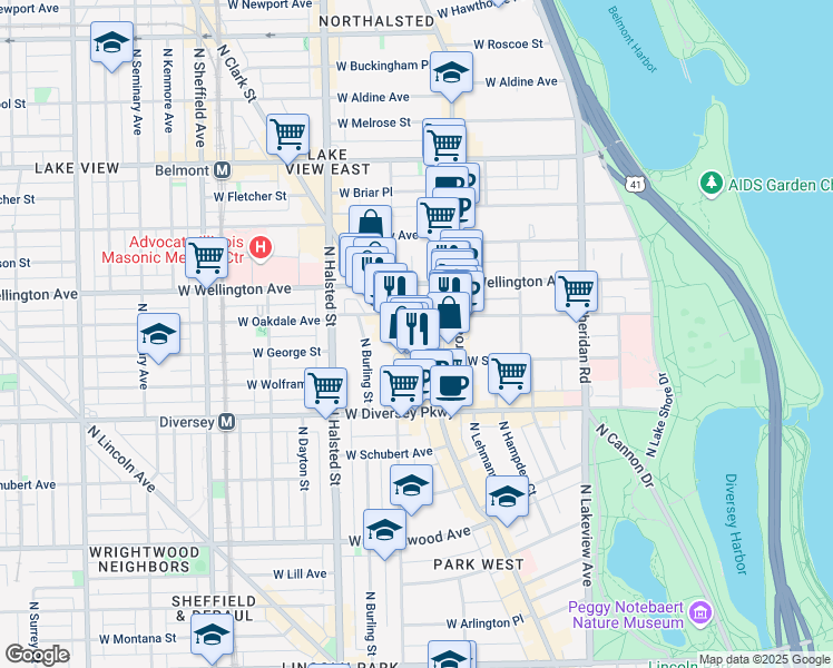 map of restaurants, bars, coffee shops, grocery stores, and more near 638 West Surf Street in Chicago