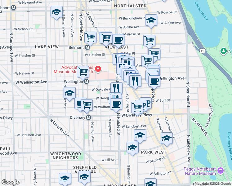 map of restaurants, bars, coffee shops, grocery stores, and more near 813 West Oakdale Avenue in Chicago