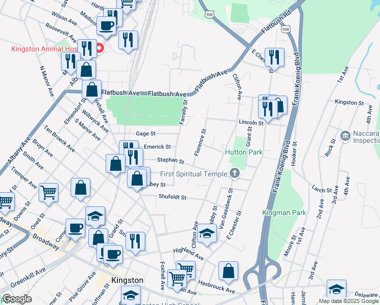 map of restaurants, bars, coffee shops, grocery stores, and more near 75 Florence Street in Kingston