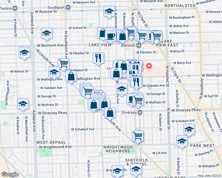 map of restaurants, bars, coffee shops, grocery stores, and more near 1125 West Oakdale Avenue in Chicago