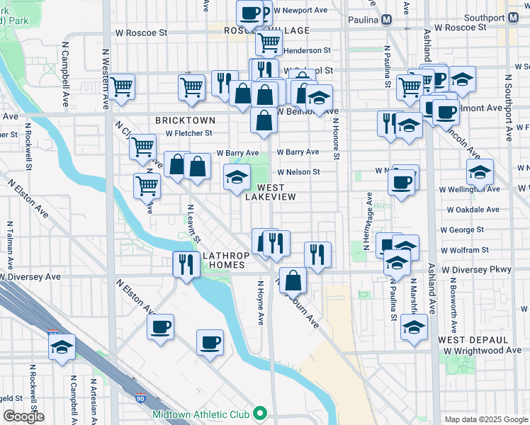 map of restaurants, bars, coffee shops, grocery stores, and more near 2945 North Damen Avenue in Chicago