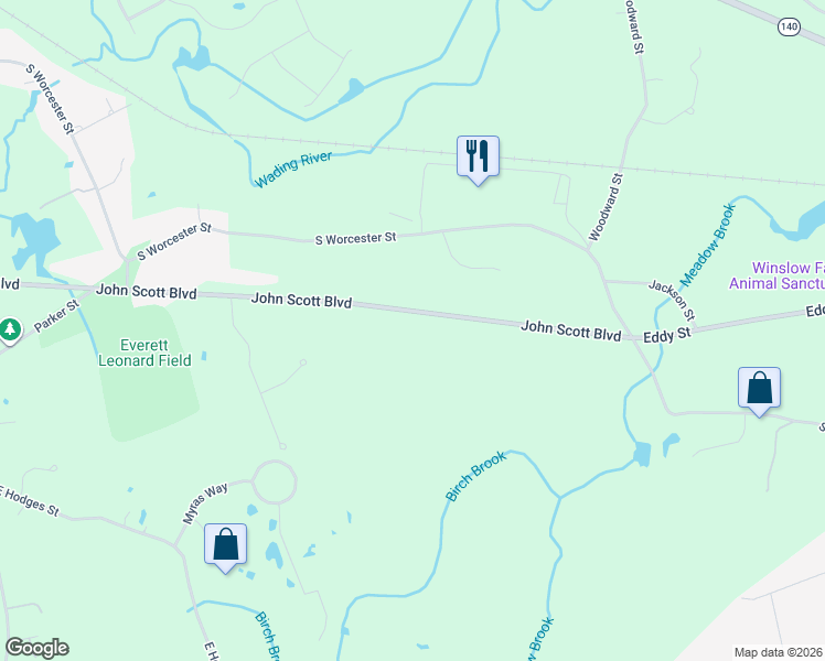 map of restaurants, bars, coffee shops, grocery stores, and more near 30 John Scott Boulevard in Taunton