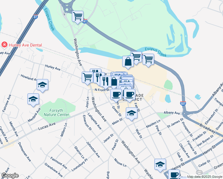 map of restaurants, bars, coffee shops, grocery stores, and more near North Front Street in Kingston