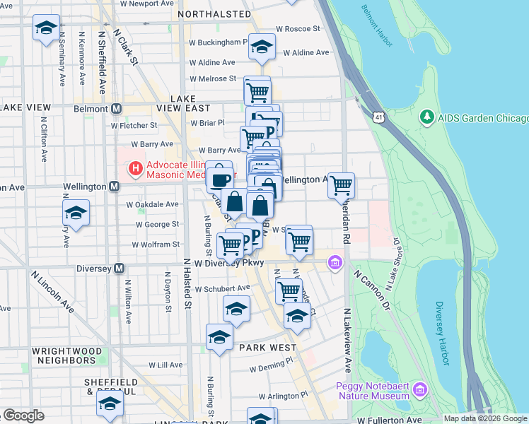 map of restaurants, bars, coffee shops, grocery stores, and more near 2900 North Broadway in Chicago