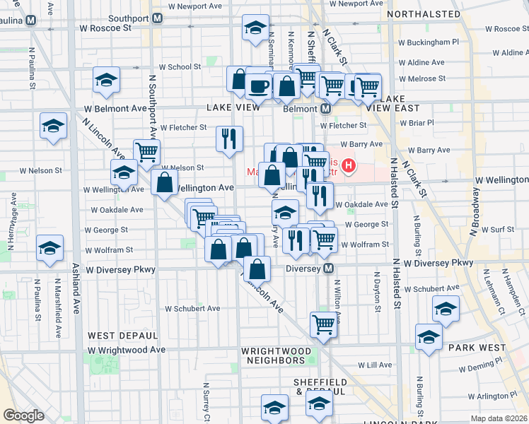 map of restaurants, bars, coffee shops, grocery stores, and more near 1115 West Oakdale Avenue in Chicago