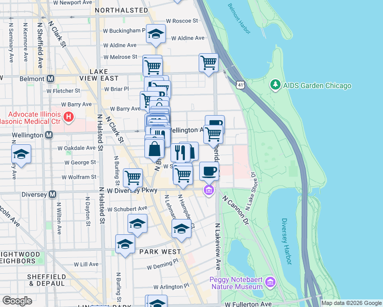 map of restaurants, bars, coffee shops, grocery stores, and more near 2925 North Pine Grove Avenue in Chicago
