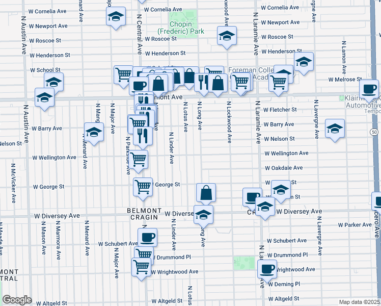 map of restaurants, bars, coffee shops, grocery stores, and more near 5414 West Wellington Avenue in Chicago