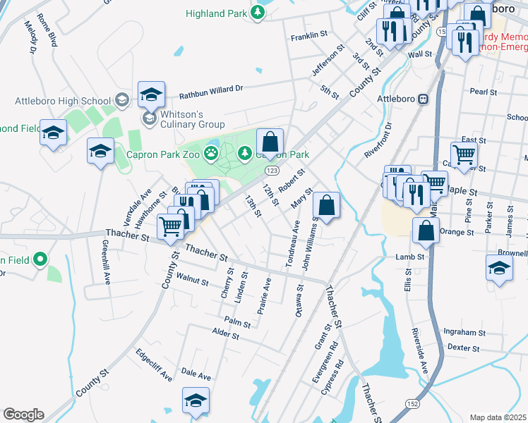 map of restaurants, bars, coffee shops, grocery stores, and more near 84 Robert Street in Attleboro