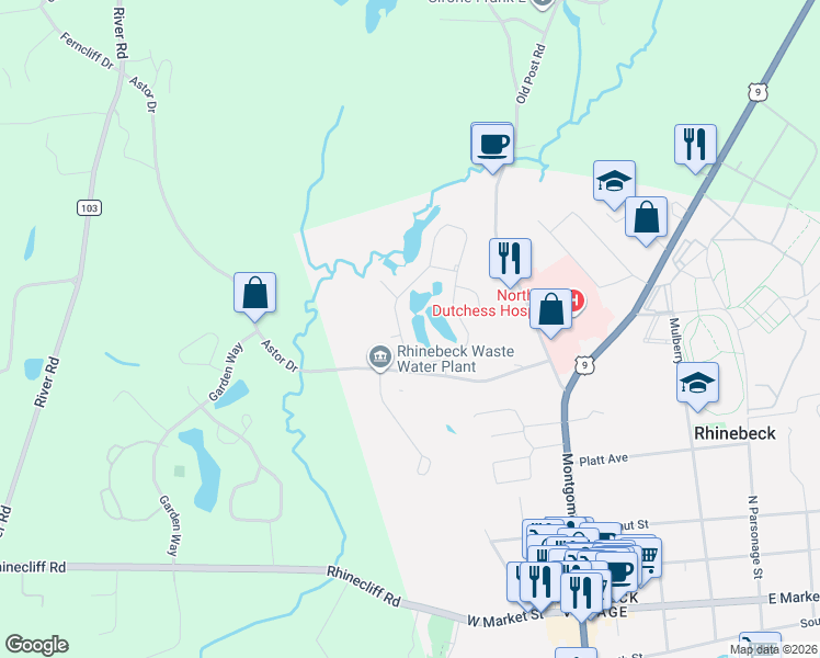 map of restaurants, bars, coffee shops, grocery stores, and more near 14 Pond Drive West in Rhinebeck