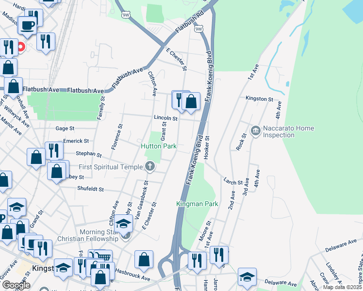 map of restaurants, bars, coffee shops, grocery stores, and more near 301 East Chester Street in Kingston