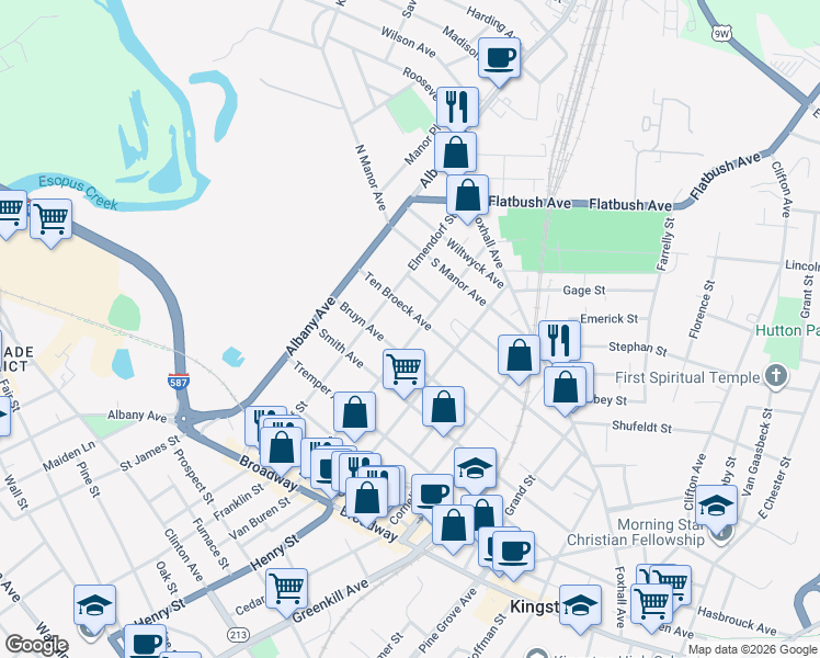 map of restaurants, bars, coffee shops, grocery stores, and more near 175 Ten Broeck Avenue in Kingston