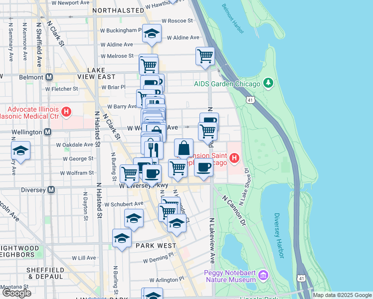 map of restaurants, bars, coffee shops, grocery stores, and more near 501 West Oakdale Avenue in Chicago
