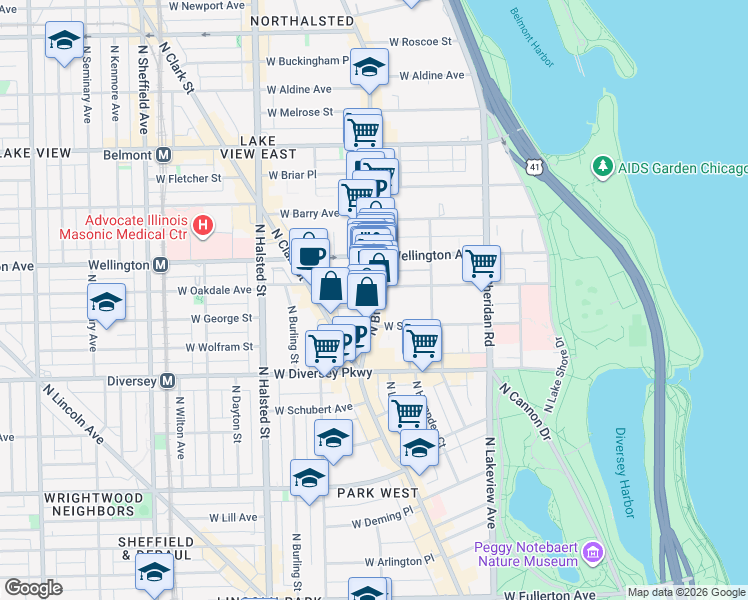 map of restaurants, bars, coffee shops, grocery stores, and more near 619 West Oakdale Avenue in Chicago