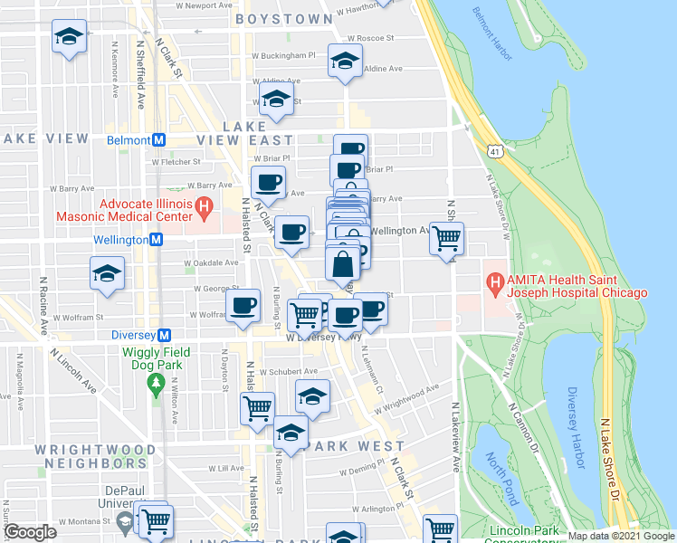 map of restaurants, bars, coffee shops, grocery stores, and more near in Chicago