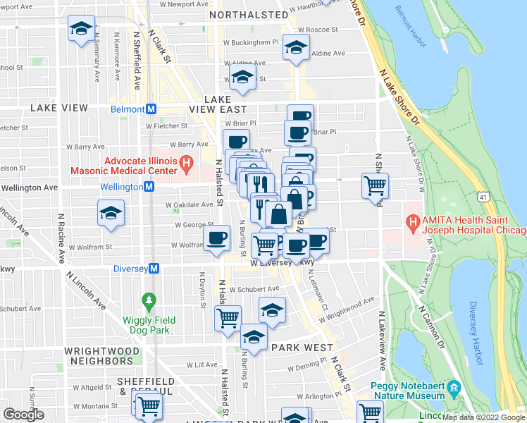 map of restaurants, bars, coffee shops, grocery stores, and more near 2905 North Clark Street in Chicago