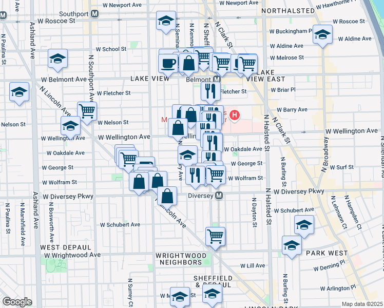 map of restaurants, bars, coffee shops, grocery stores, and more near 1040 West Oakdale Avenue in Chicago