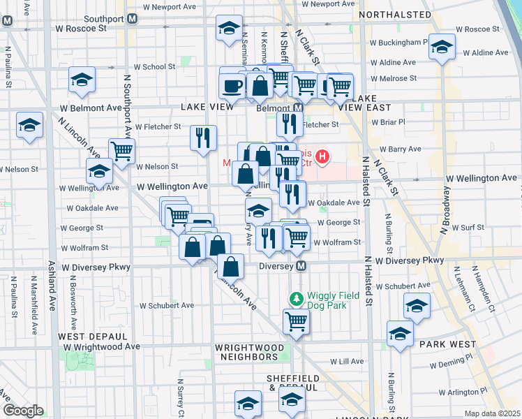 map of restaurants, bars, coffee shops, grocery stores, and more near 1040 West Oakdale Avenue in Chicago