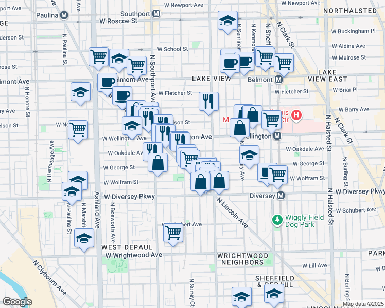 map of restaurants, bars, coffee shops, grocery stores, and more near 1228 West Oakdale Avenue in Chicago