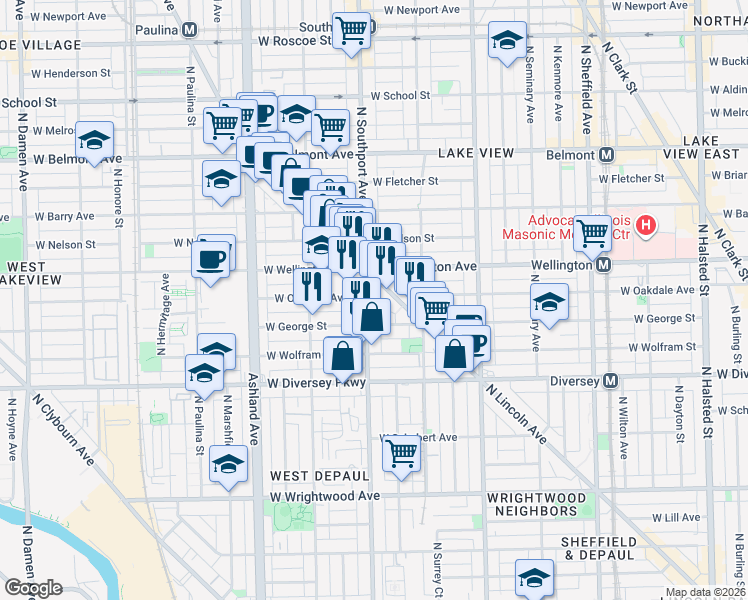 map of restaurants, bars, coffee shops, grocery stores, and more near 2954 North Lincoln Avenue in Chicago