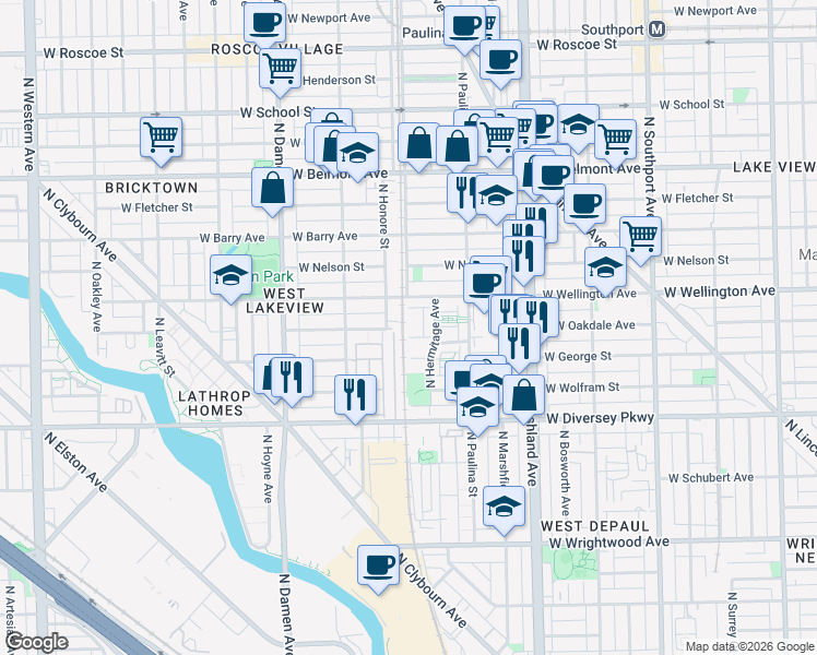 map of restaurants, bars, coffee shops, grocery stores, and more near 2946 North Wood Street in Chicago