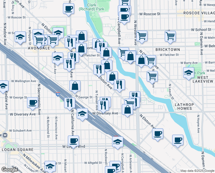 map of restaurants, bars, coffee shops, grocery stores, and more near 2956 North Rockwell Street in Chicago