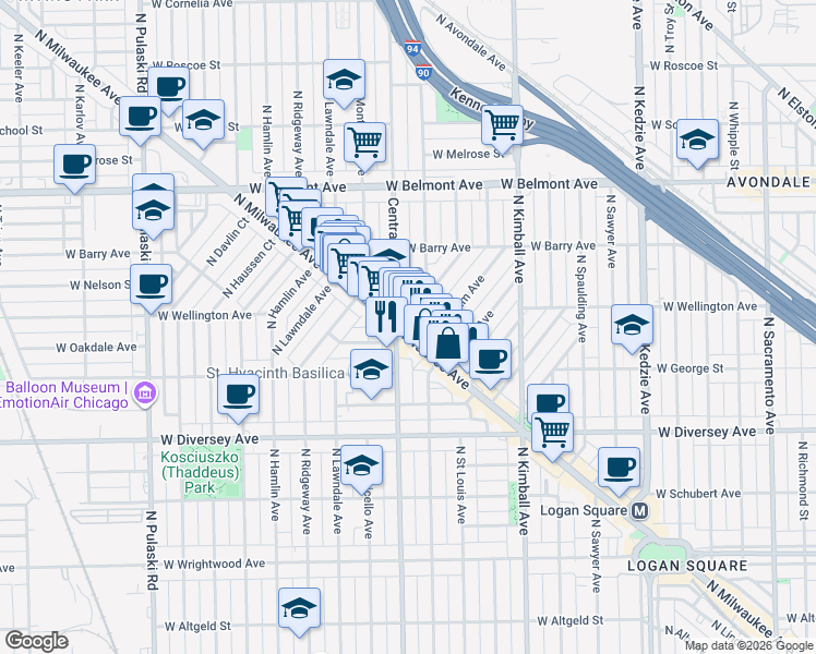map of restaurants, bars, coffee shops, grocery stores, and more near 3006 North Elbridge Avenue in Chicago