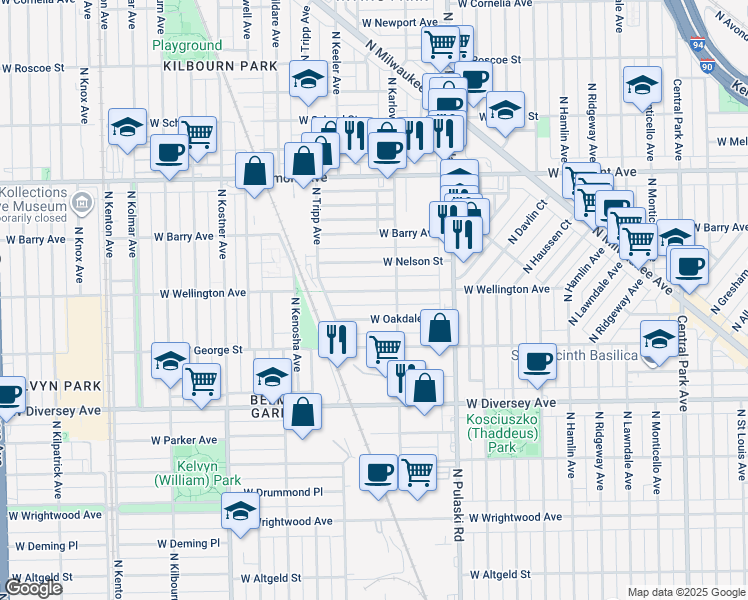 map of restaurants, bars, coffee shops, grocery stores, and more near 4124 West Wellington Avenue in Chicago