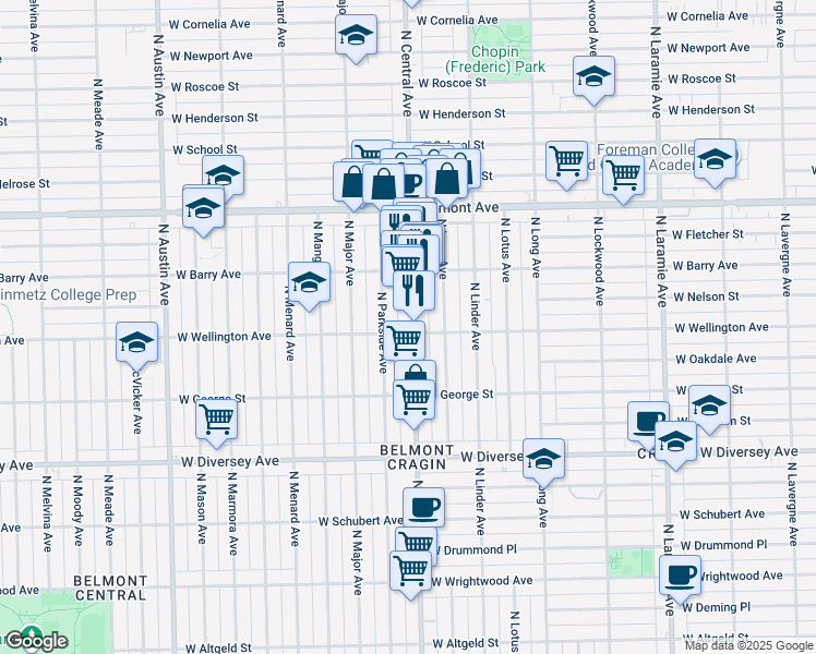 map of restaurants, bars, coffee shops, grocery stores, and more near 3022 North Central Avenue in Chicago