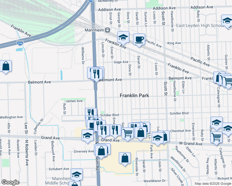 map of restaurants, bars, coffee shops, grocery stores, and more near 3121 Ernst Street in Franklin Park