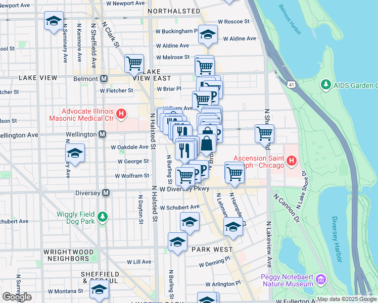 map of restaurants, bars, coffee shops, grocery stores, and more near 644 West Surf Street in Chicago