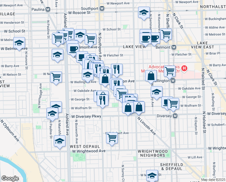 map of restaurants, bars, coffee shops, grocery stores, and more near 2927 North Lincoln Avenue in Chicago