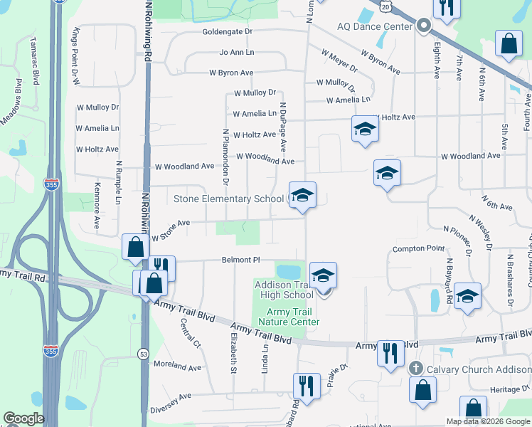 map of restaurants, bars, coffee shops, grocery stores, and more near 510 North DuPage Avenue in Addison