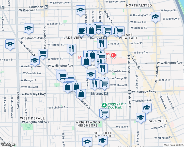 map of restaurants, bars, coffee shops, grocery stores, and more near 1049 West Oakdale Avenue in Chicago