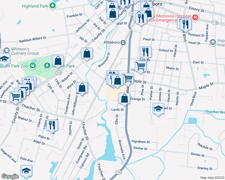 map of restaurants, bars, coffee shops, grocery stores, and more near 217 South Main Street in Attleboro