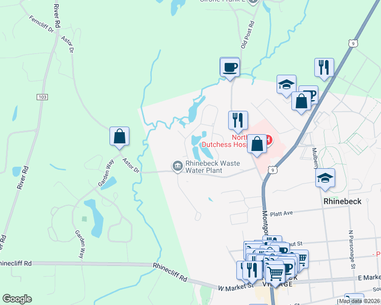map of restaurants, bars, coffee shops, grocery stores, and more near 14 Pond Drive West in Rhinebeck