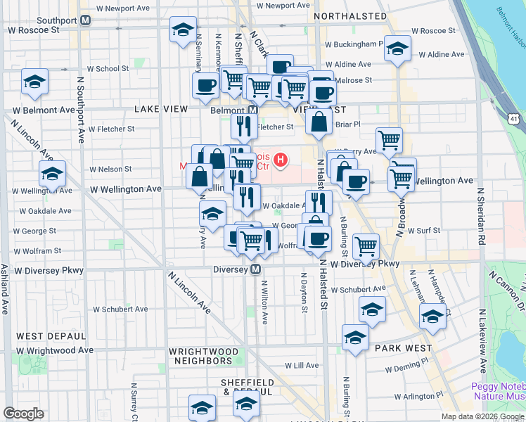 map of restaurants, bars, coffee shops, grocery stores, and more near 920 West Oakdale Avenue in Chicago