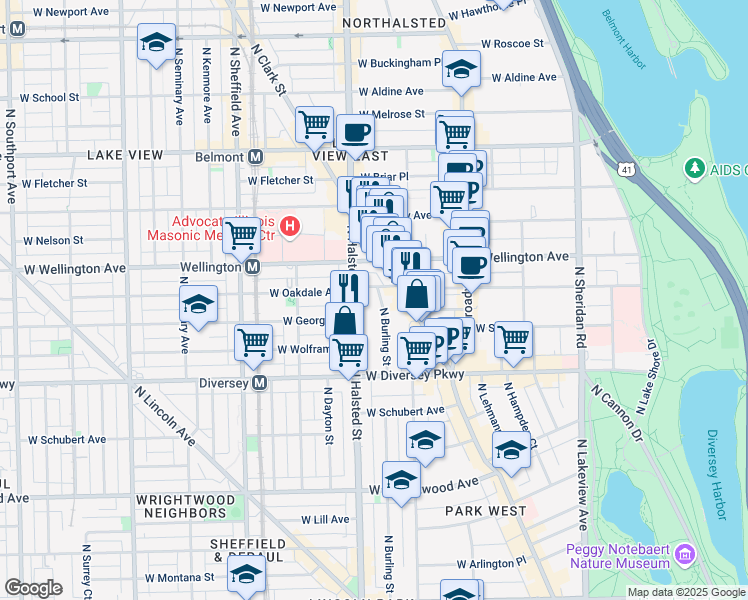 map of restaurants, bars, coffee shops, grocery stores, and more near 2922 North Burling Street in Chicago