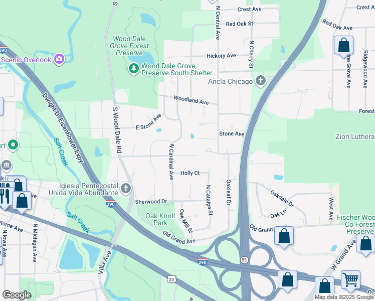 map of restaurants, bars, coffee shops, grocery stores, and more near 421 North Cardinal Avenue in Addison
