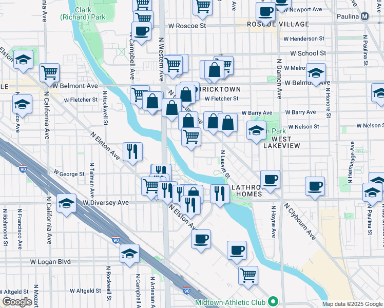 map of restaurants, bars, coffee shops, grocery stores, and more near 2950 North Oakley Avenue in Chicago