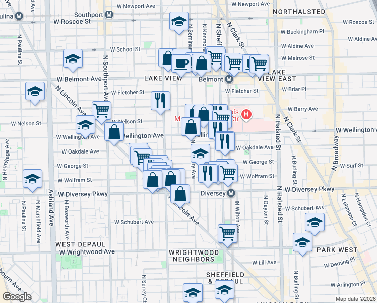 map of restaurants, bars, coffee shops, grocery stores, and more near 1110 West Oakdale Avenue in Chicago