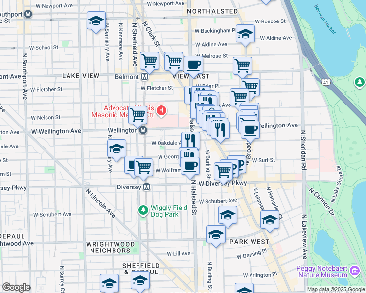 map of restaurants, bars, coffee shops, grocery stores, and more near 813 West Oakdale Avenue in Chicago