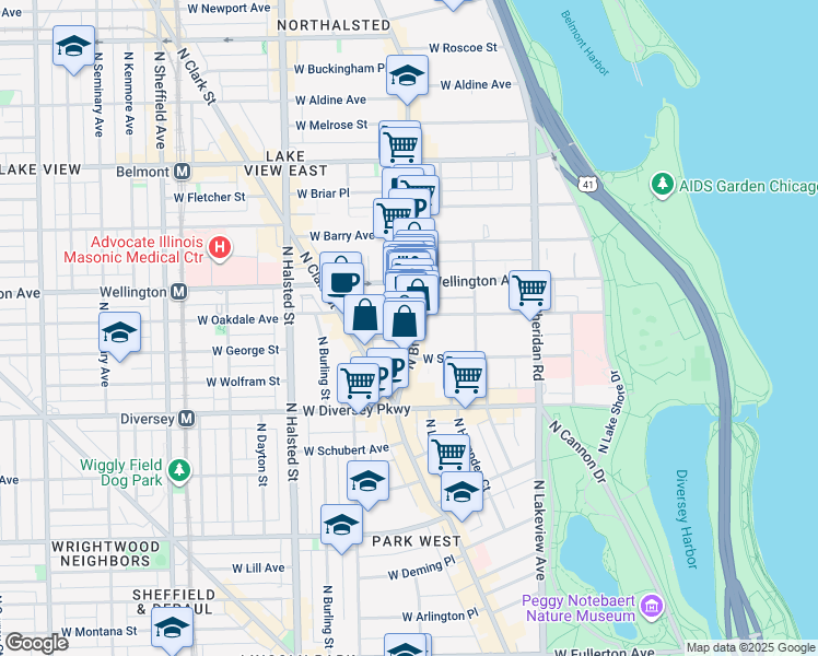 map of restaurants, bars, coffee shops, grocery stores, and more near 2906 North Broadway in Chicago