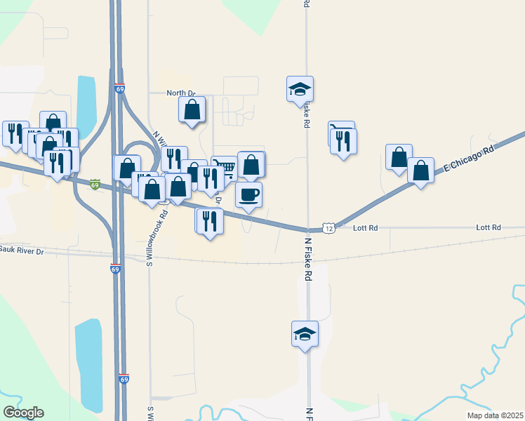 map of restaurants, bars, coffee shops, grocery stores, and more near 867 East Chicago Street in Coldwater