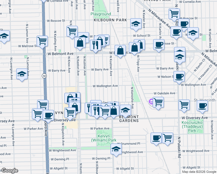 map of restaurants, bars, coffee shops, grocery stores, and more near 3005 North Kenneth Avenue in Chicago